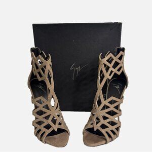 Giuseppe Zanotti Liza Tan Suede Caged Lattice Stiletto Heels 37 US 7